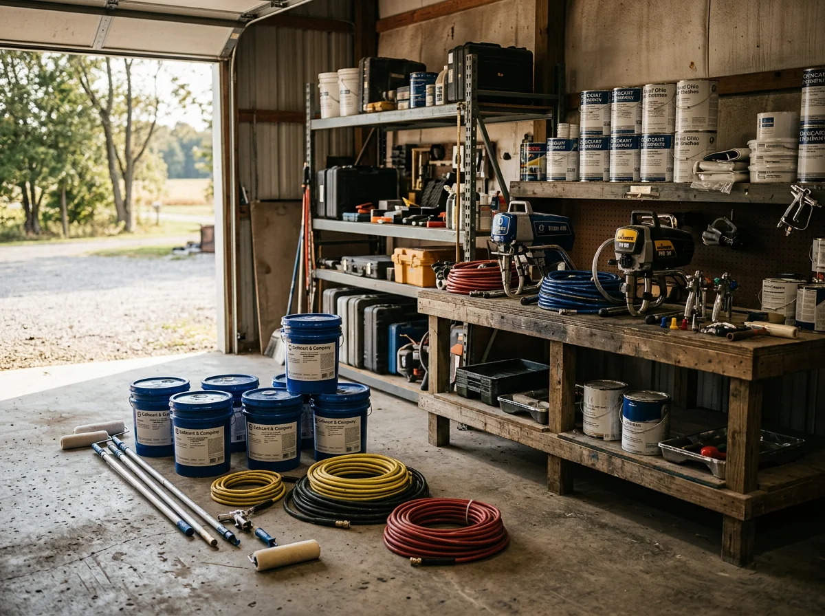 Professional painting and epoxy equipment, tools, and materials ready for job site deployment.