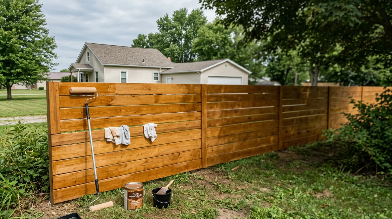 Freshly stained wooden fence with rich color