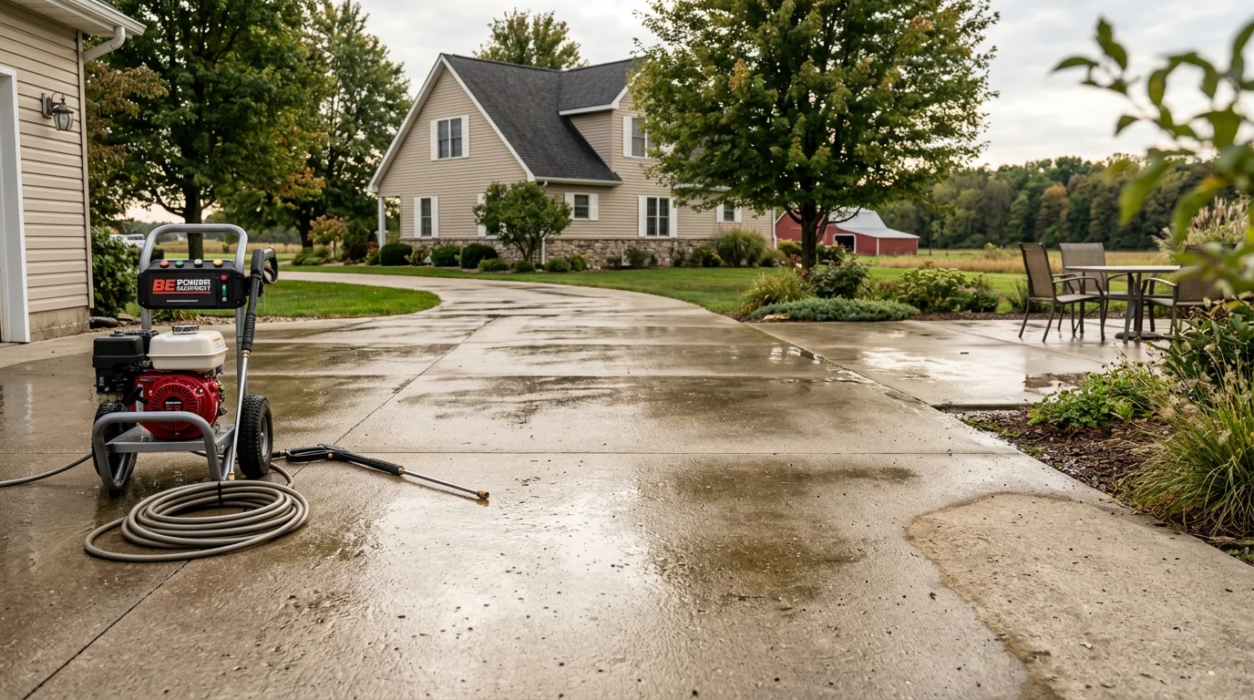 Pressure washing cleaning driveway and concrete surface