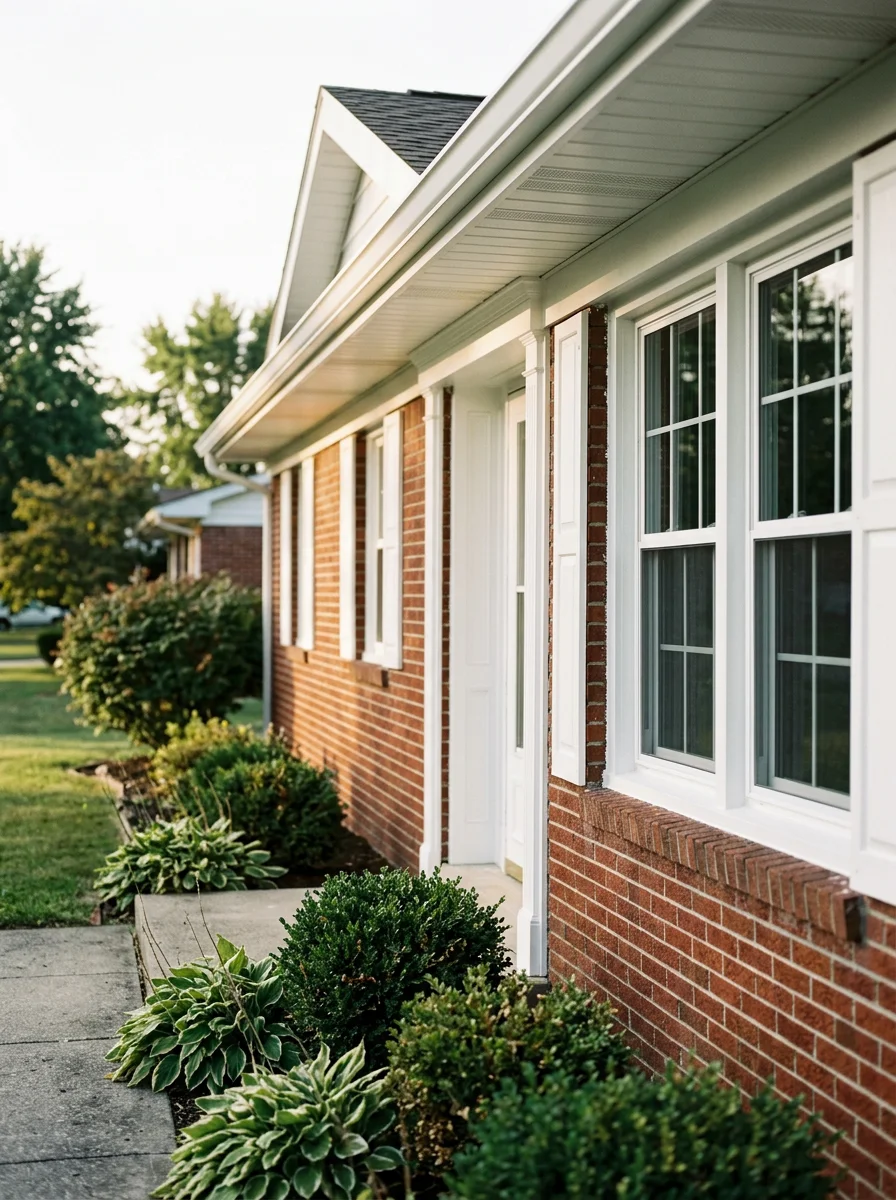 Freshly painted exterior of an older brick ranch home in Greenville, Ohio, showing clean white trim paint on wood soffits and window surrounds against the brick facade.