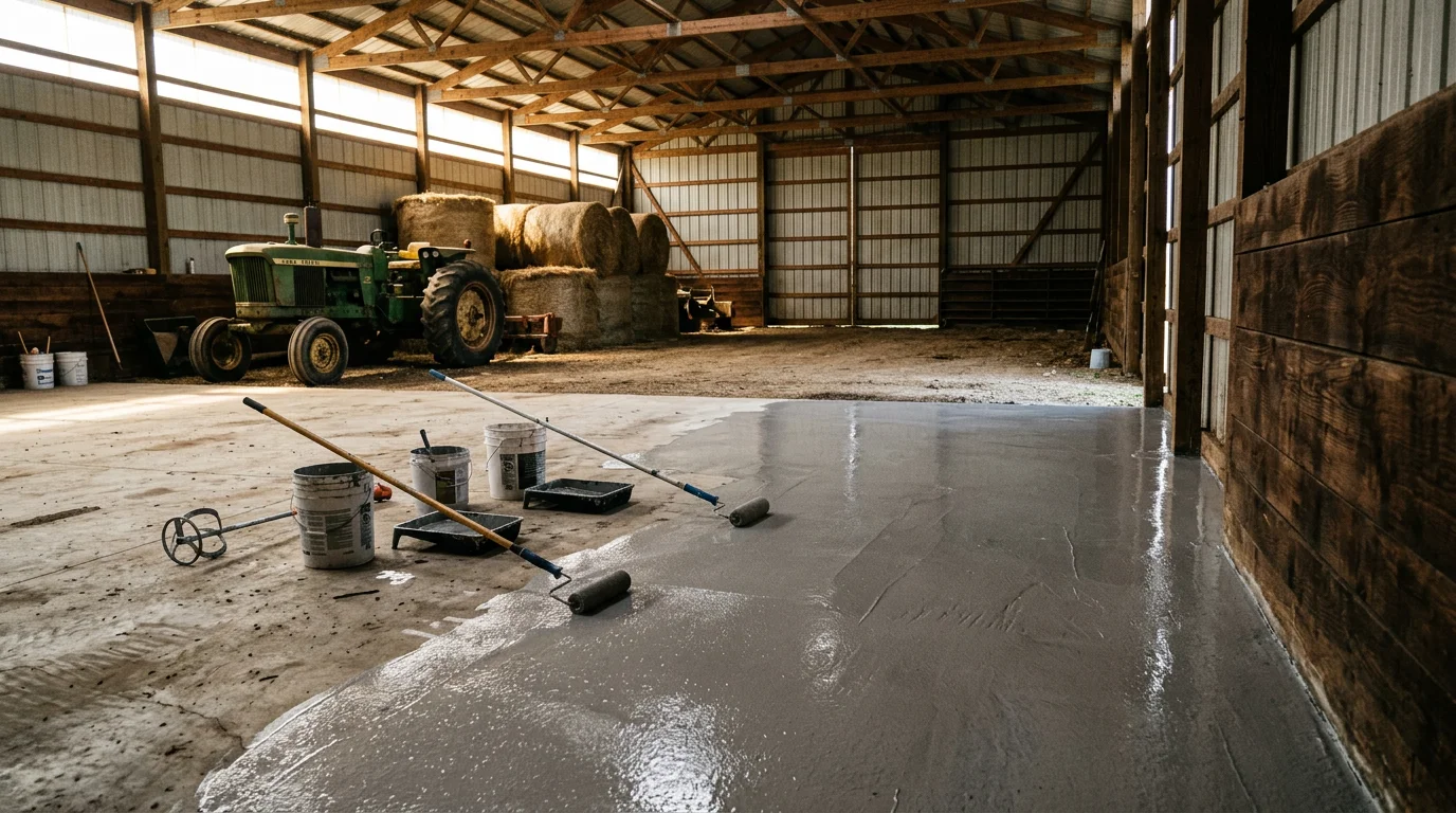 Industrial epoxy floor coating being applied to the concrete floor of a large pole barn on a Darke County farm, with farm equipment visible along the walls.