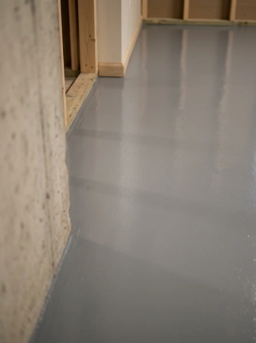 Close-up of a gray epoxy-coated concrete basement floor in a Miami County home, showing a smooth, sealed surface free of staining or dusting.