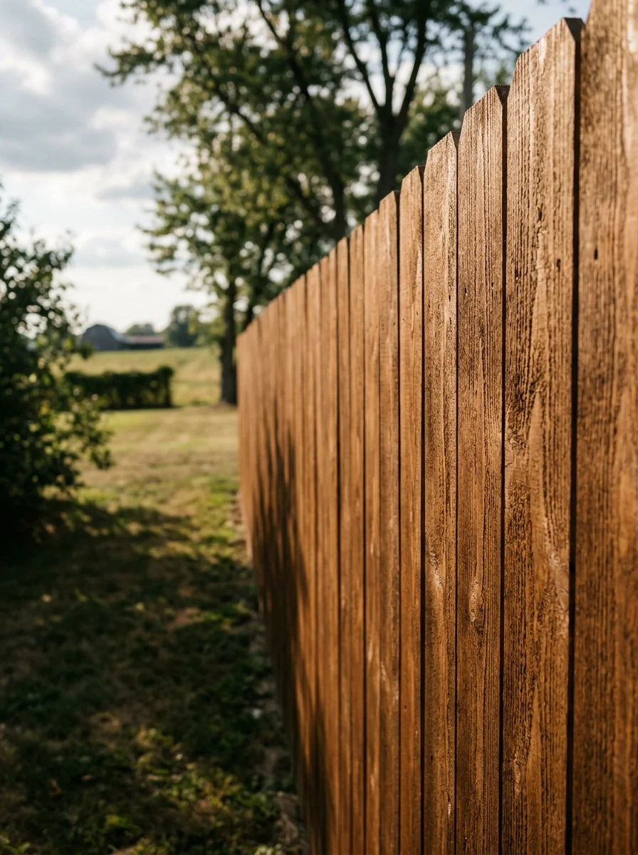 Newly stained wood privacy fence on a rural Shelby County property, showing even stain coverage on weathered boards after pressure washing.