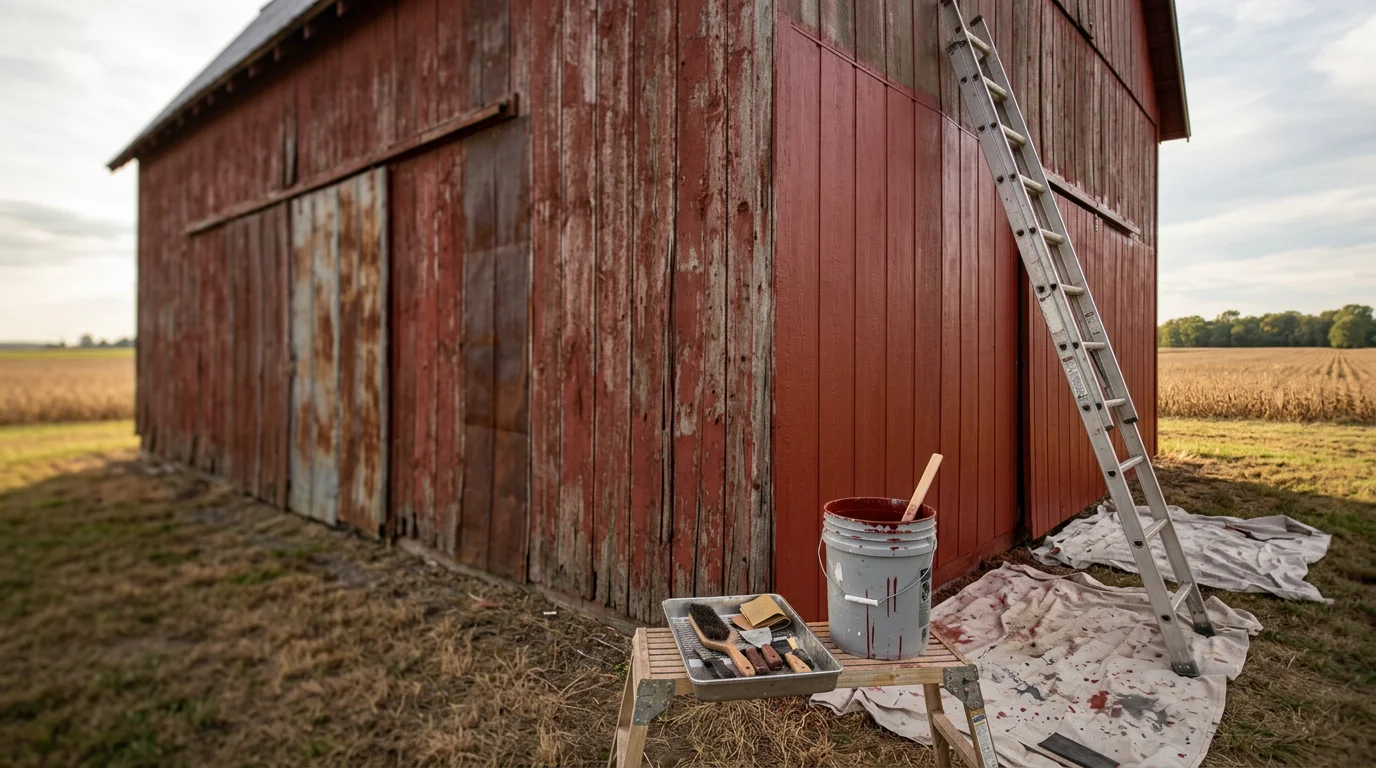 A freshly painted red barn with clean metal roofing on a farm property in Miami County, Ohio. Agricultural outbuildings with newly applied exterior coating visible against open farmland.