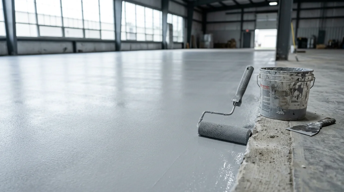 Freshly applied commercial epoxy floor coating inside a Miami County, Ohio business space, showing a smooth, glossy concrete surface under overhead lighting. The seamless finish reflects the commercial interior with no visible cracks or bare concrete.