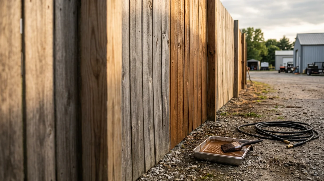 A freshly stained wood perimeter fence on a commercial property in Miami County, Ohio, showing even stain coverage across boards and posts with no fading or gray weathering visible. The fence runs along a flat commercial lot under clear Ohio sky.