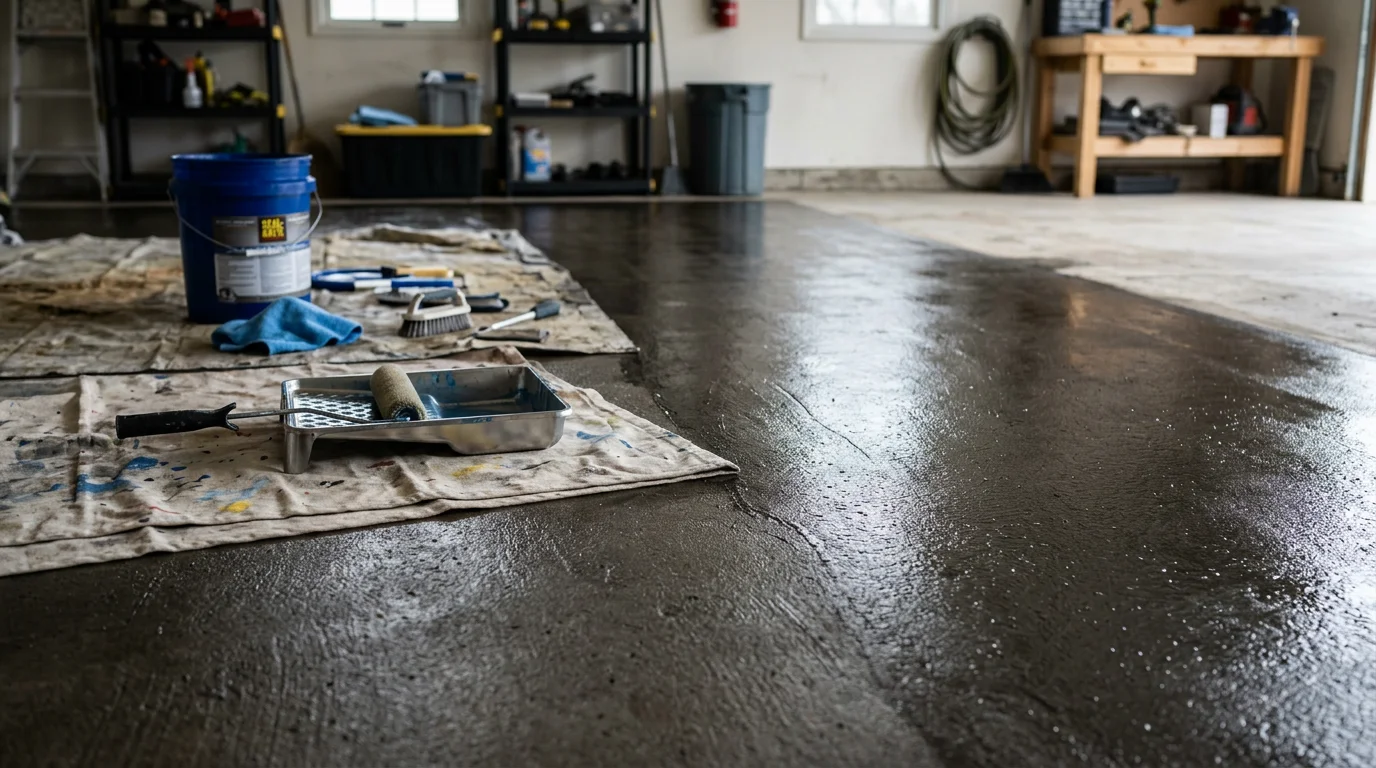 A sealed concrete garage floor in a Miami County, Ohio home showing a clean, low-sheen surface free of stains and surface dust. The floor reflects overhead lighting evenly, with no visible pitting or moisture damage.