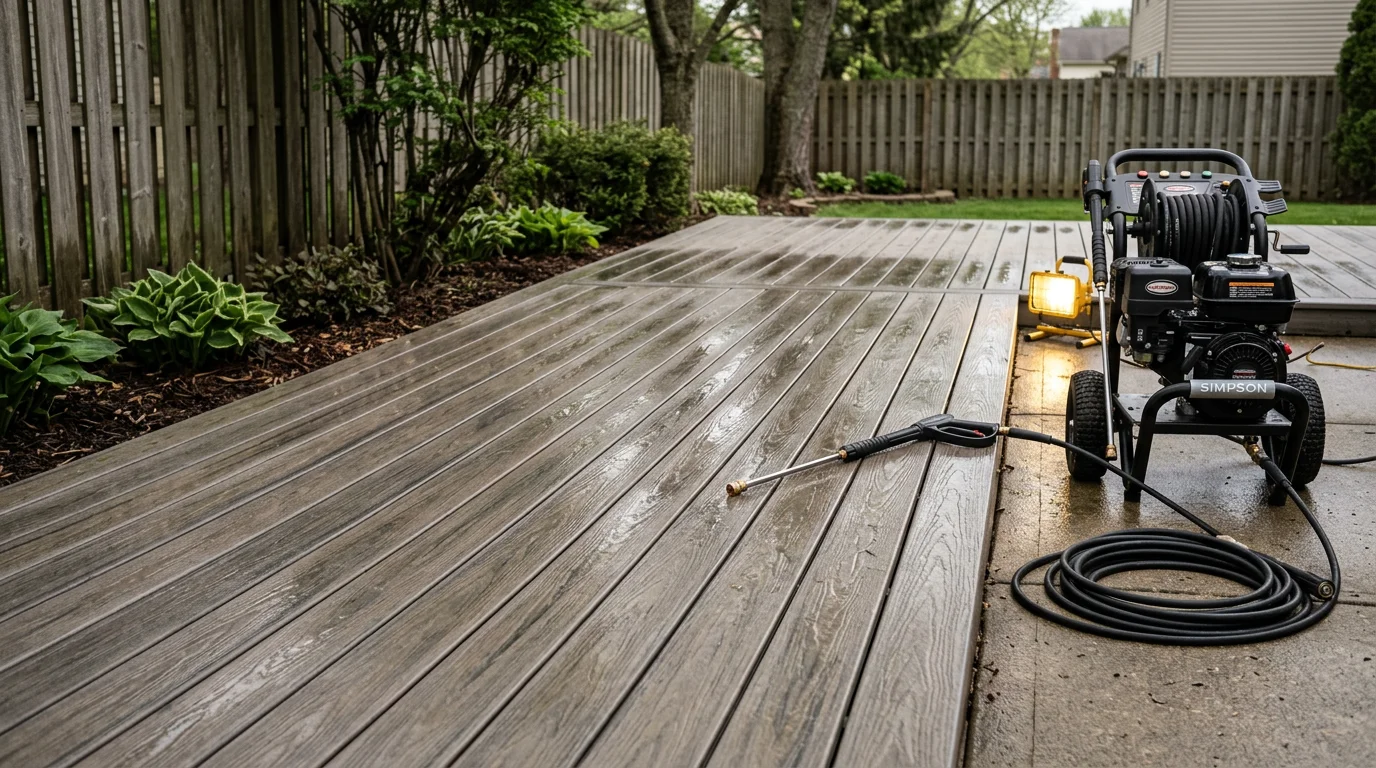 A wood deck in Miami County, Ohio after professional pressure washing, showing clean boards and clear railings free of algae and mildew staining. A concrete patio section beside the deck is also freshly cleaned with no dark streaks or ground-in grime.