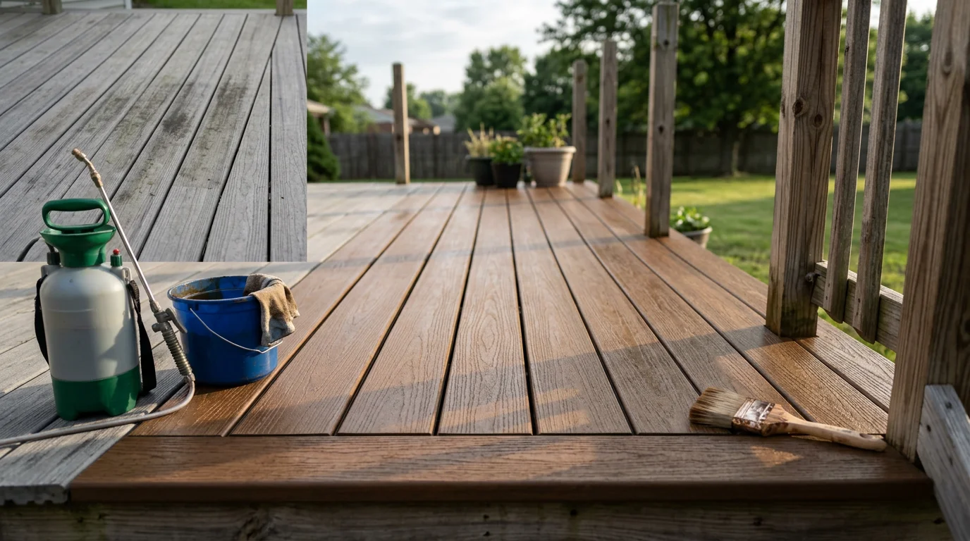 A freshly stained wood deck on a residential home in Miami County, Ohio, showing even color and clean board surfaces after professional deck staining service by Cathcart & Company Painting & Epoxy.