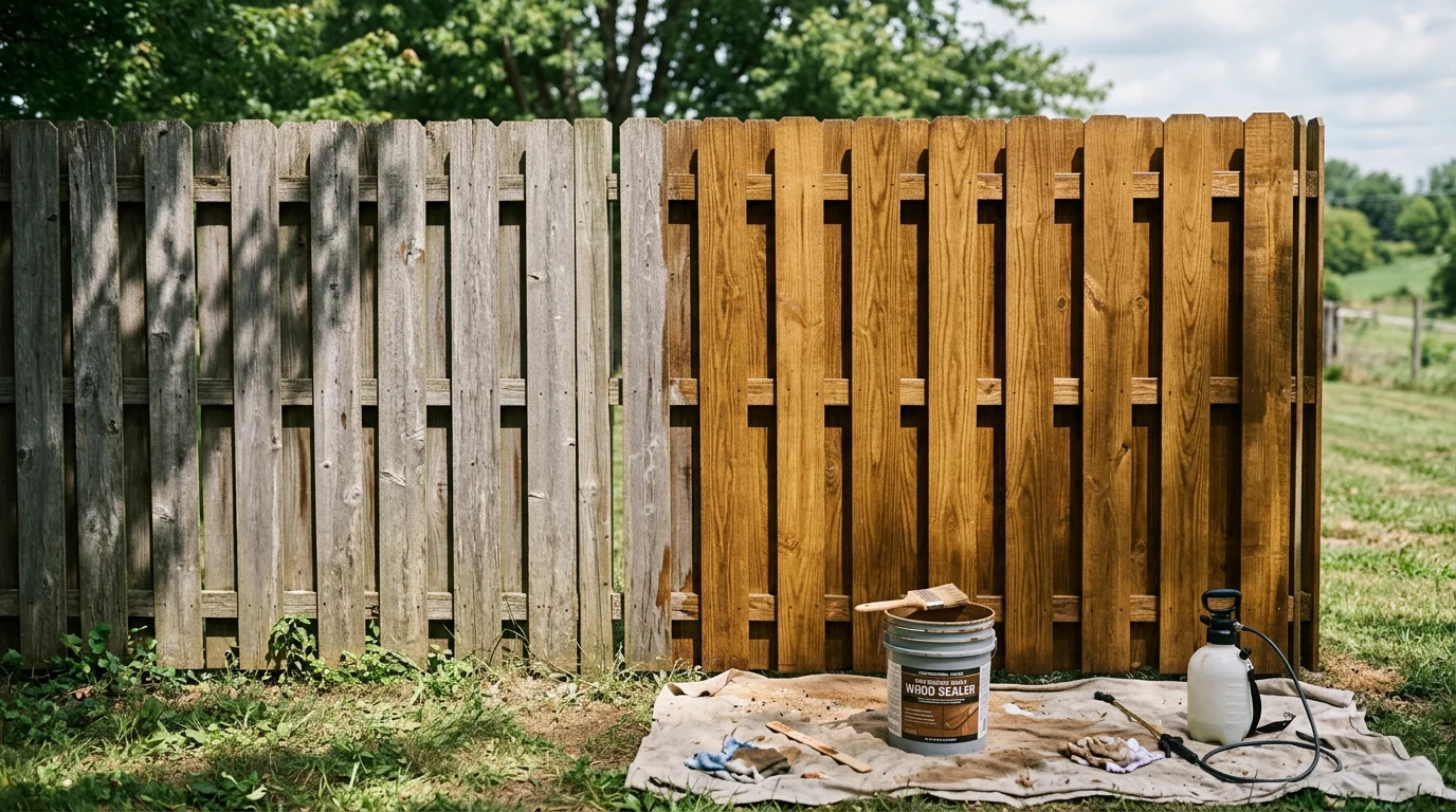 A freshly sealed wood privacy fence on a residential property in Miami County, Ohio, with an even, clean surface showing protected wood grain. The fence runs along a green backyard with no signs of graying, warping, or weathering.