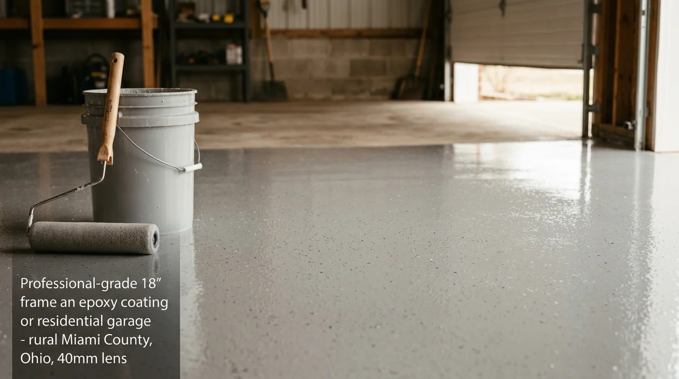 A freshly epoxy-coated garage floor in a Miami County, Ohio home, showing a smooth, glossy sealed surface free of stains and cracks. The finished concrete reflects overhead lighting and shows a clean, even color across the full garage slab.