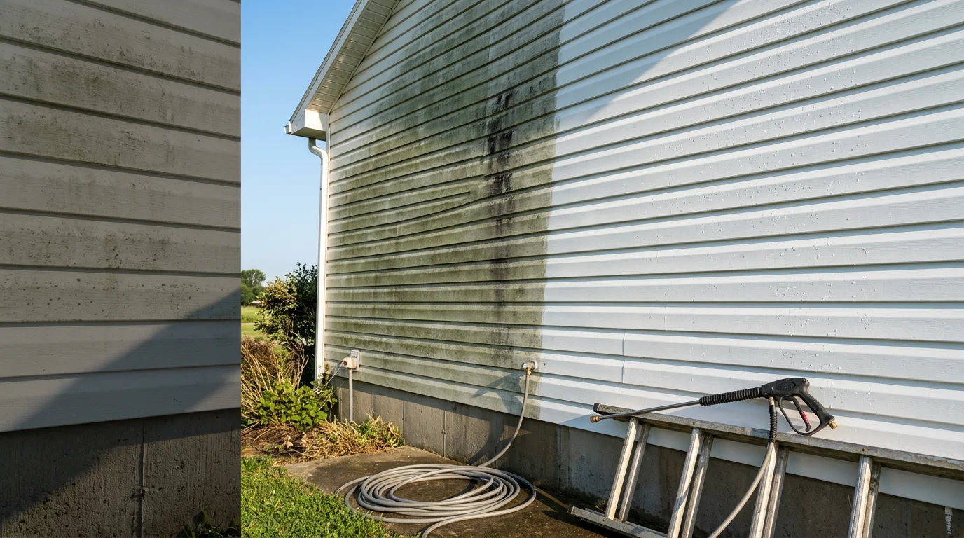 A two-story home in Miami County, Ohio with freshly pressure-washed vinyl siding showing clean, bright panels free of green algae film and dark streaking. The north-facing wall of the house appears evenly clean from roofline to foundation.