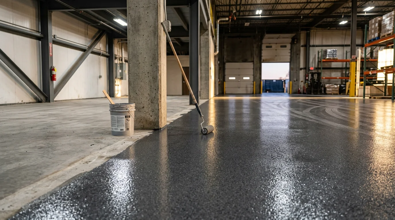 A large industrial warehouse floor in Miami County, Ohio coated with a smooth, gray epoxy finish. Forklift traffic lanes and safety markings are visible across the seamless concrete surface.