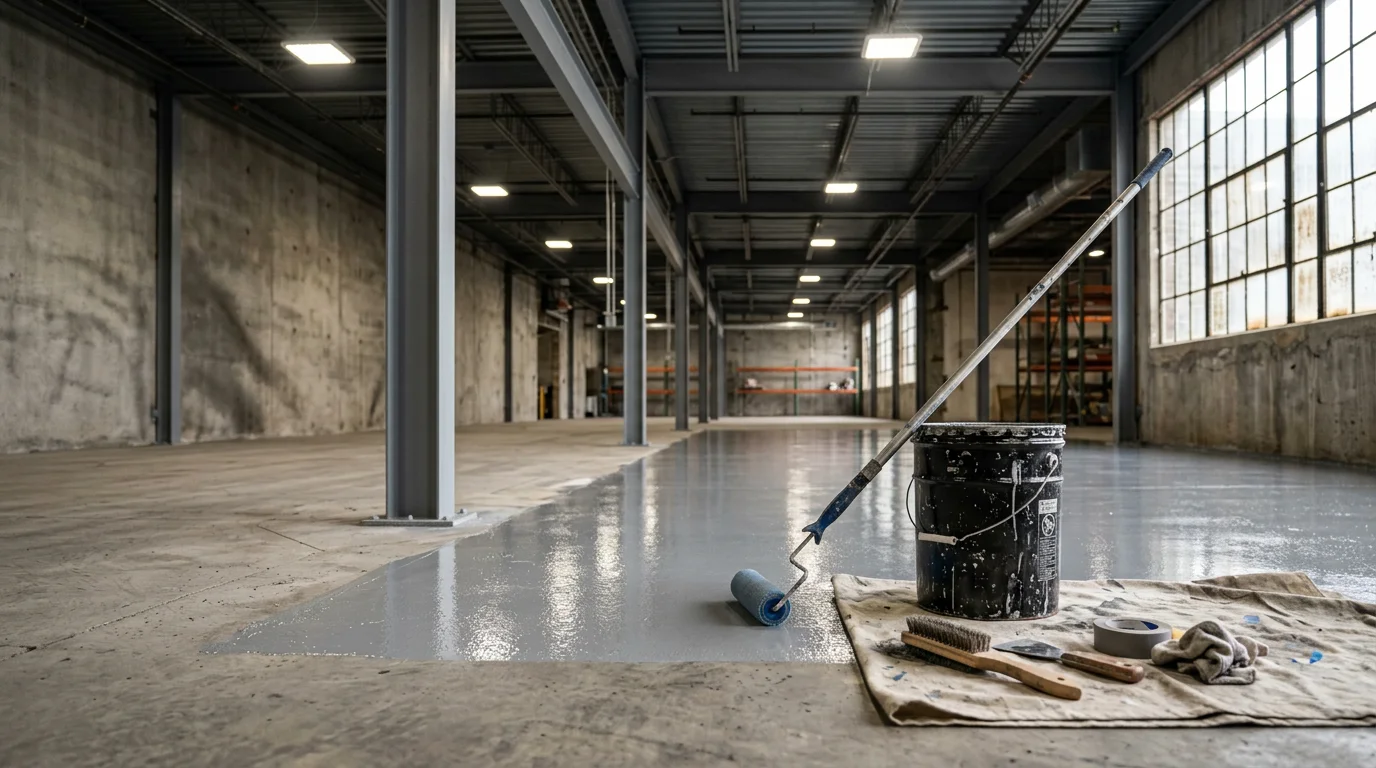 Industrial painting crew applying protective coatings to the interior walls and structural steel columns of a manufacturing facility in Miami County, Ohio. Freshly coated concrete floors with safety striping are visible in the foreground.