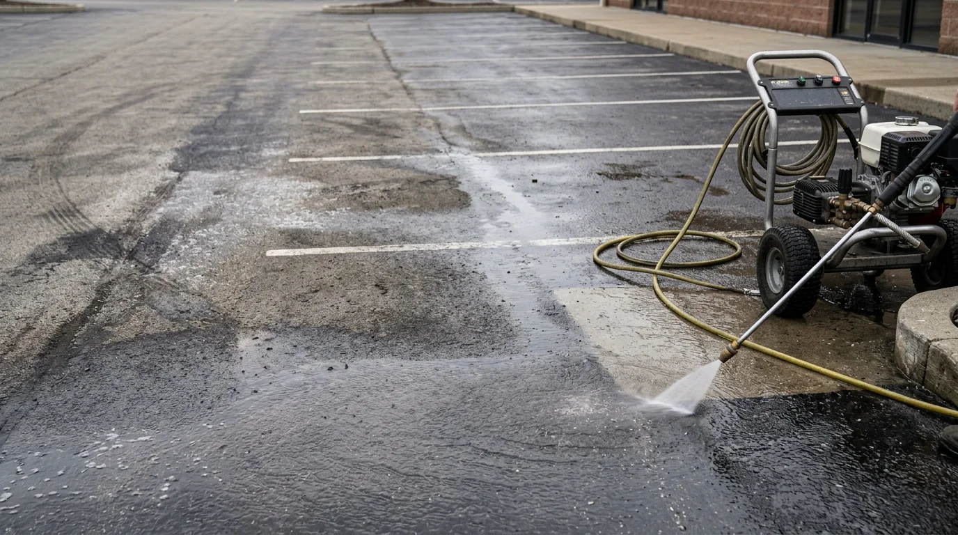 A commercial parking lot in Miami County, Ohio after pressure washing, showing clean asphalt with oil stains and road grime removed from drive lanes and parking stalls. Cathcart & Company Painting & Epoxy parking lot pressure washing service result.