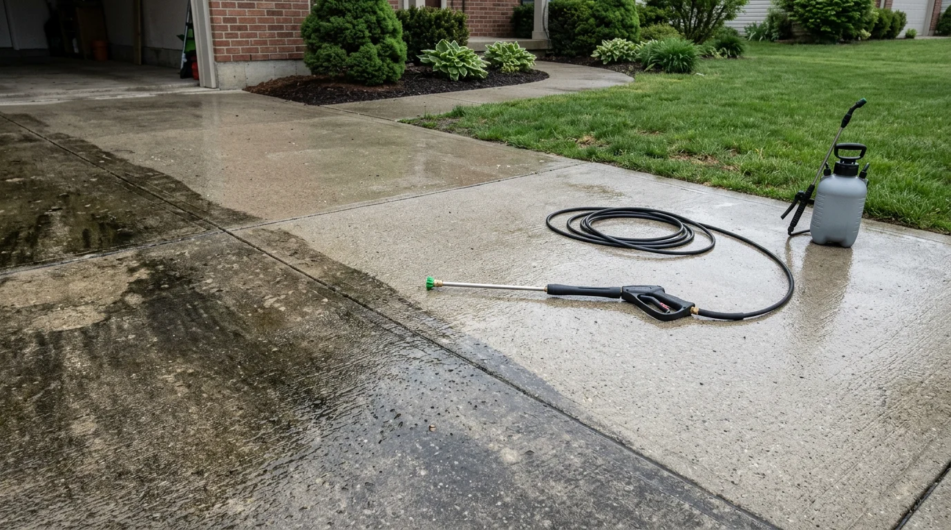A concrete residential driveway in Miami County, Ohio shown after professional pressure washing, with oil stains and dark grime removed and the surface restored to a clean, even appearance. A suburban home is visible in the background.