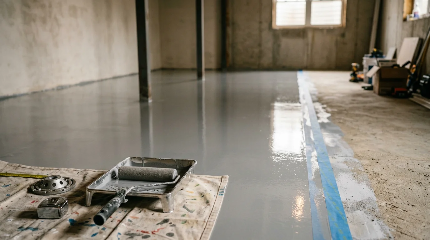 A finished residential basement in Miami County, Ohio with a smooth, glossy epoxy floor coating over concrete. The seamless surface reflects overhead lighting and shows no cracking, dusting, or bare concrete.
