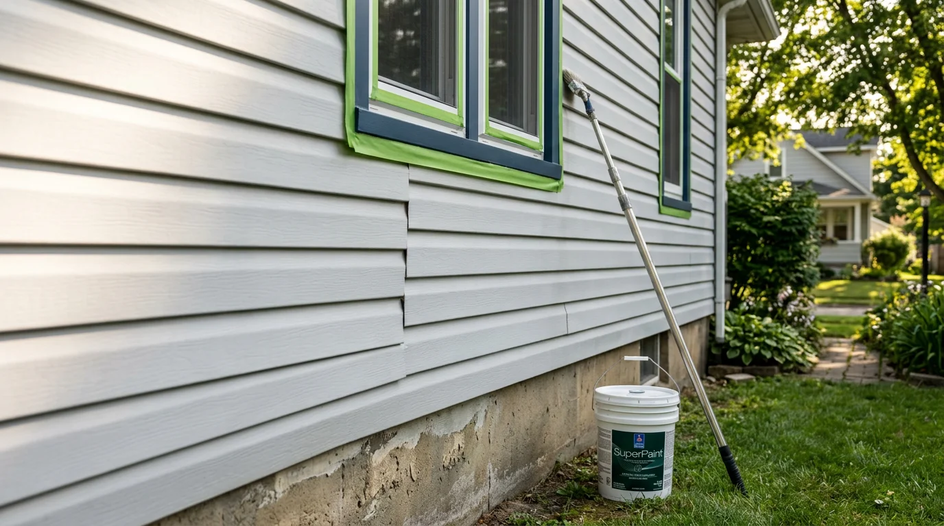 A freshly painted two-story residential home exterior in Miami County, Ohio, with clean siding and crisp trim work visible against a clear sky. The finished paint shows even coverage across the siding, fascia, and front door of a single-family home in the Troy area.