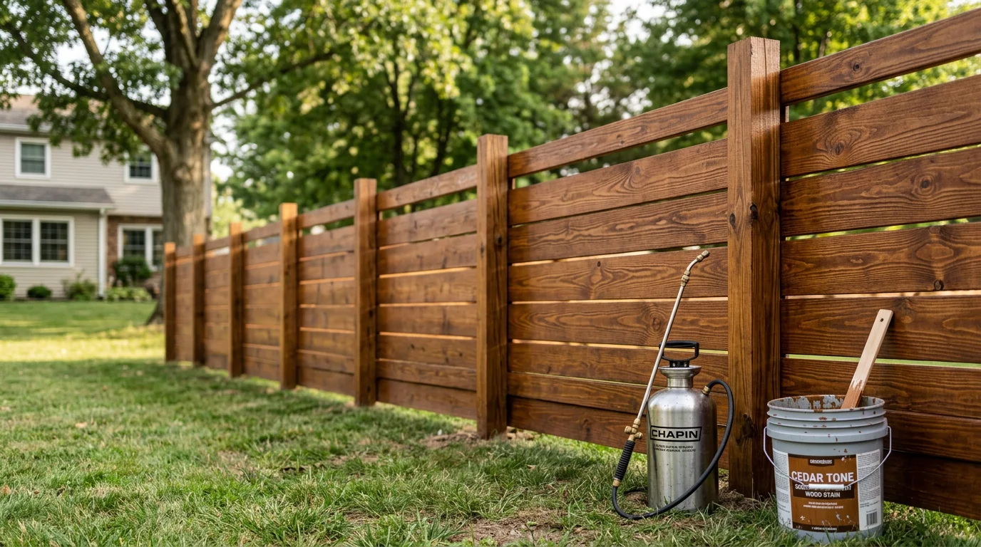 A freshly stained wood privacy fence in a residential backyard in Miami County, Ohio, showing rich, even color across all pickets and rails. The stained fence contrasts with green lawn and shows no gray or weathered boards.